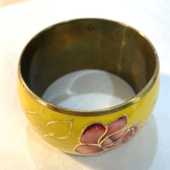 Retro brass bangle bracelet mod mustard yellow pink enamel floral Boho festival - Picture 4 of 6
